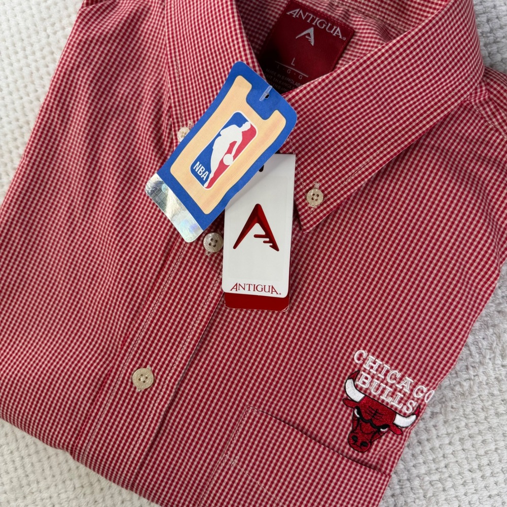 Antigua NBA Chicago Bulls Mens Red Gingham Button Down Shirt Large New